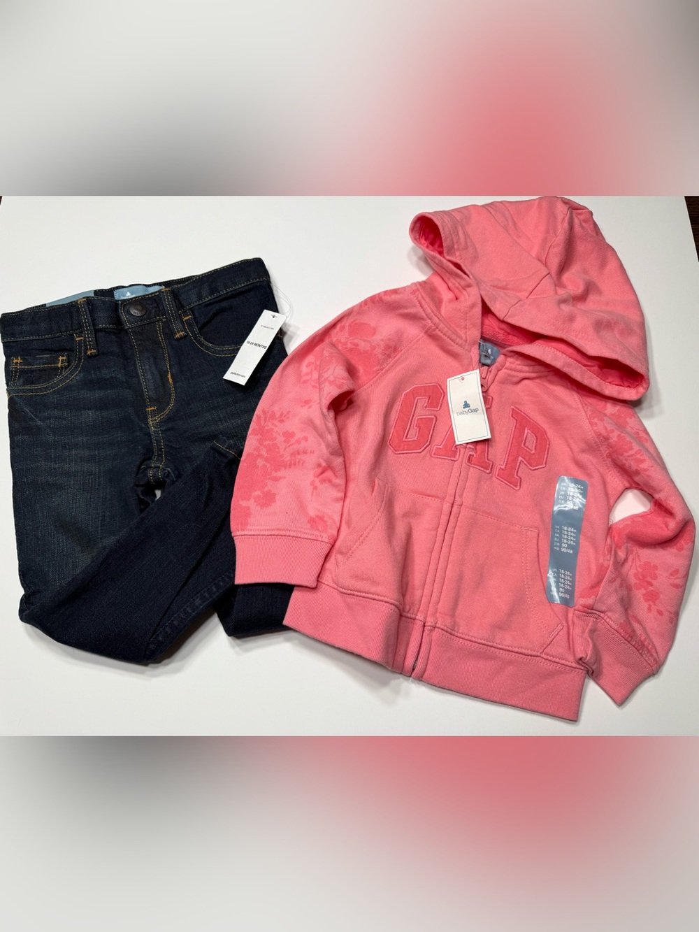 GAP new  Coral Pink Hooded Zip Sweatshirt with Dark Blue Jeans Set 18-24 Months